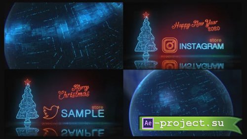 Videohive - Happy New Year and Merry Christmas Digital Neon Logo Reveal | 2 mode - 22933077