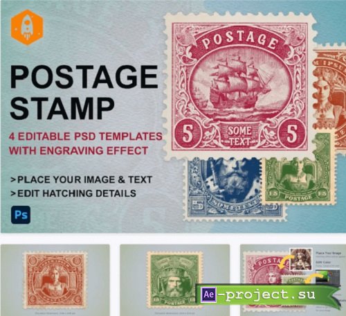 Editabe Postage Stamp Templates with Engraving Effect - 52063031