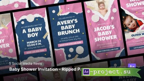 Videohive - Social Media Reels - Baby Shower Invitation Ripped Paper Style After Effects Template - 52743128