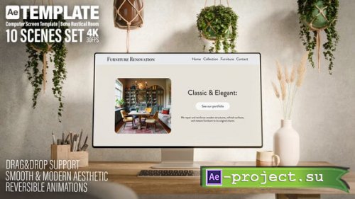 Videohive - Computer Monitor Screen Replacement Template | Boho Rustical Room | 10 Scenes Set - 59514661