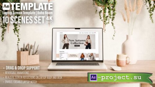 Videohive - Laptop Screen Mockup | AE Template | Boho Rustical Room | 10 Scenes Set - 59964346