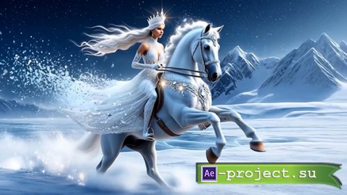 The Snow Queen on a horse throws snow