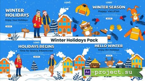 Videohive - Winter Holidays Begins Cartoon Website Banner Pack with Snowy Mountains & Cute Animals - 65648116